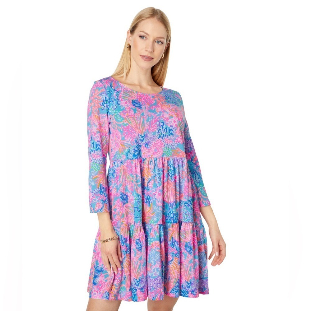 Lilly Pulitzer Geanna Dress All Over Print 3/4 Sleeve Tiered‎ Ruffle Hem XXS